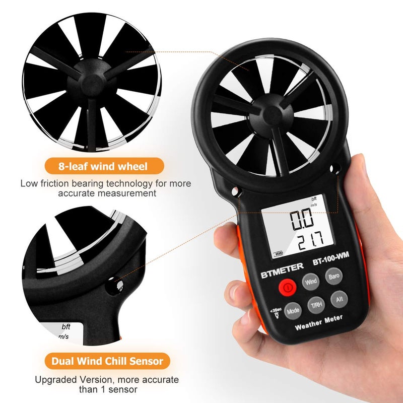 BTMETER Digital Anemometer Barometer Handheld, for Wind Speed Temperature Wind Chill Tester w/Humidity, Altitude, Barometric Pressure Meter for Climbing Drone HVAC CFM BT-100WM - Image 3